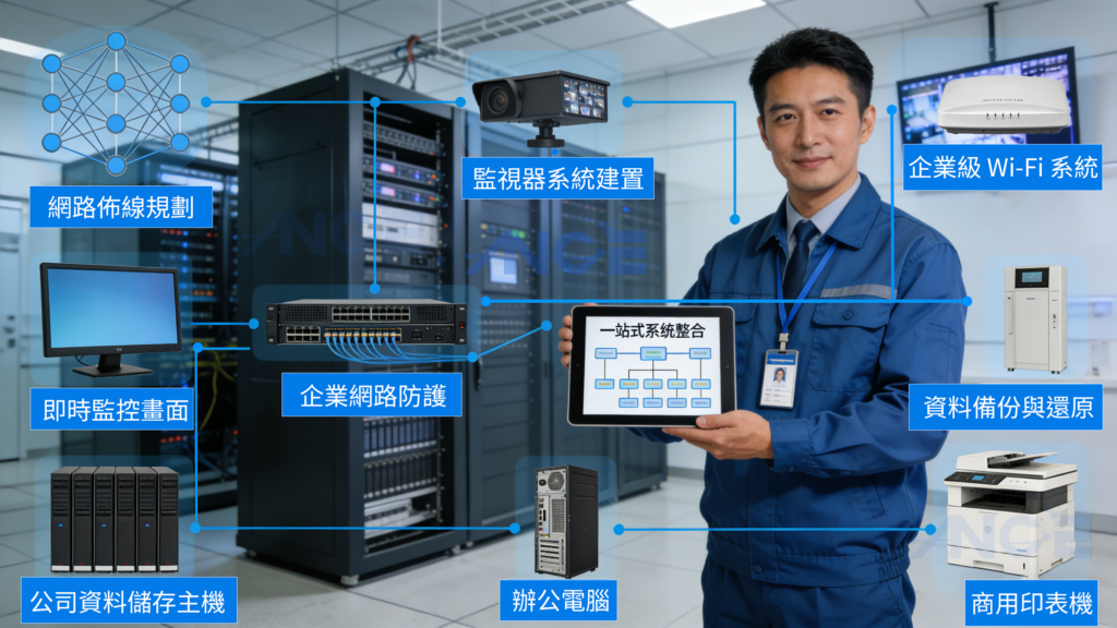 公司 IT 系統整合服務,整合企業網路、Wi-Fi、監視器、資料備份與辦公室電腦系統