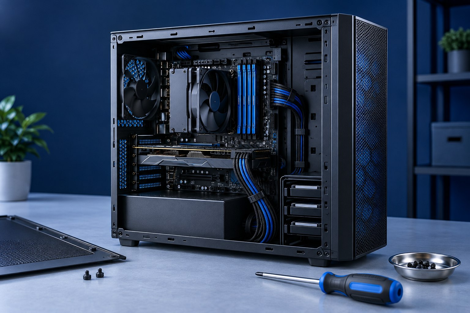 桌上型電腦組裝設備情境示意，非案場實拍