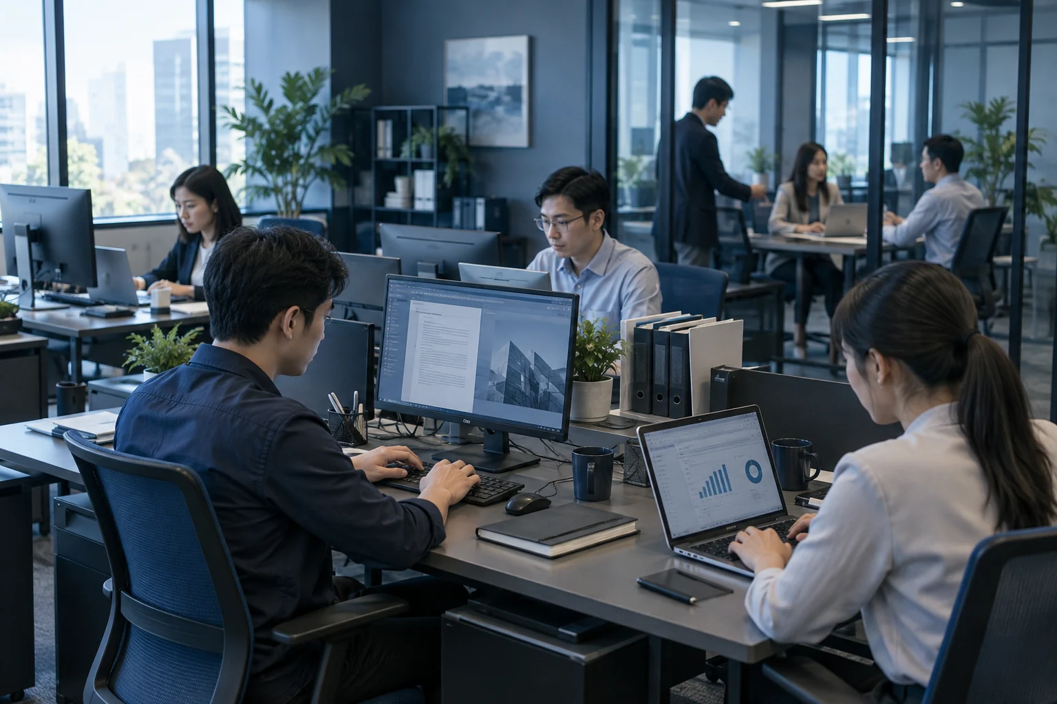 多位同事同時使用電腦與筆電工作的企業辦公情境示意