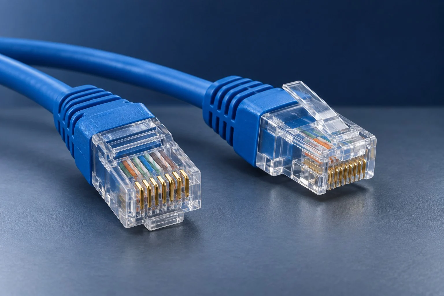 藍色網路線與 RJ45 水晶頭的設備示意